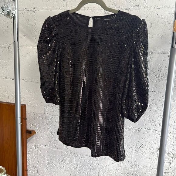 Black Sequin Top - Puffed Sleeves - Size X Small - Like New - ENGLISH FACTORY - Picture 1 of 4